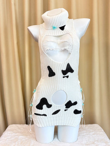 Dairy Cow Turtleneck Sweater Dress - Anime Backless Virgin Killer Blesssafe