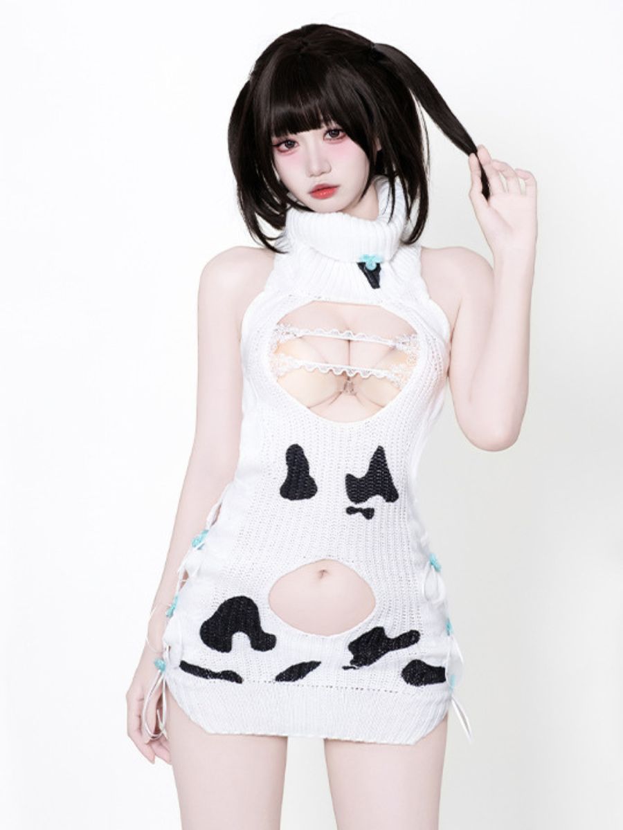 Dairy Cow Turtleneck Sweater Dress - Anime Backless Virgin Killer Blesssafe