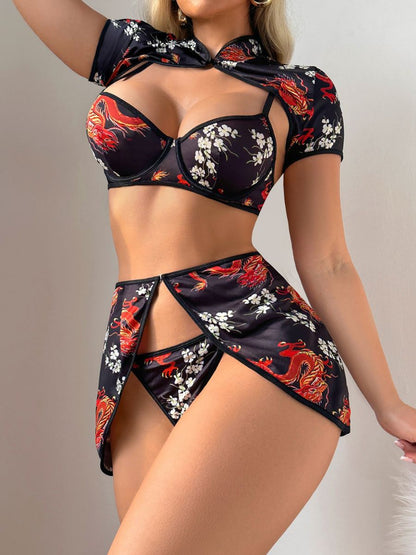 Dragon Print Cheongsam-Style Skirt Set - Two Piece Crop Uniform Blesssafe