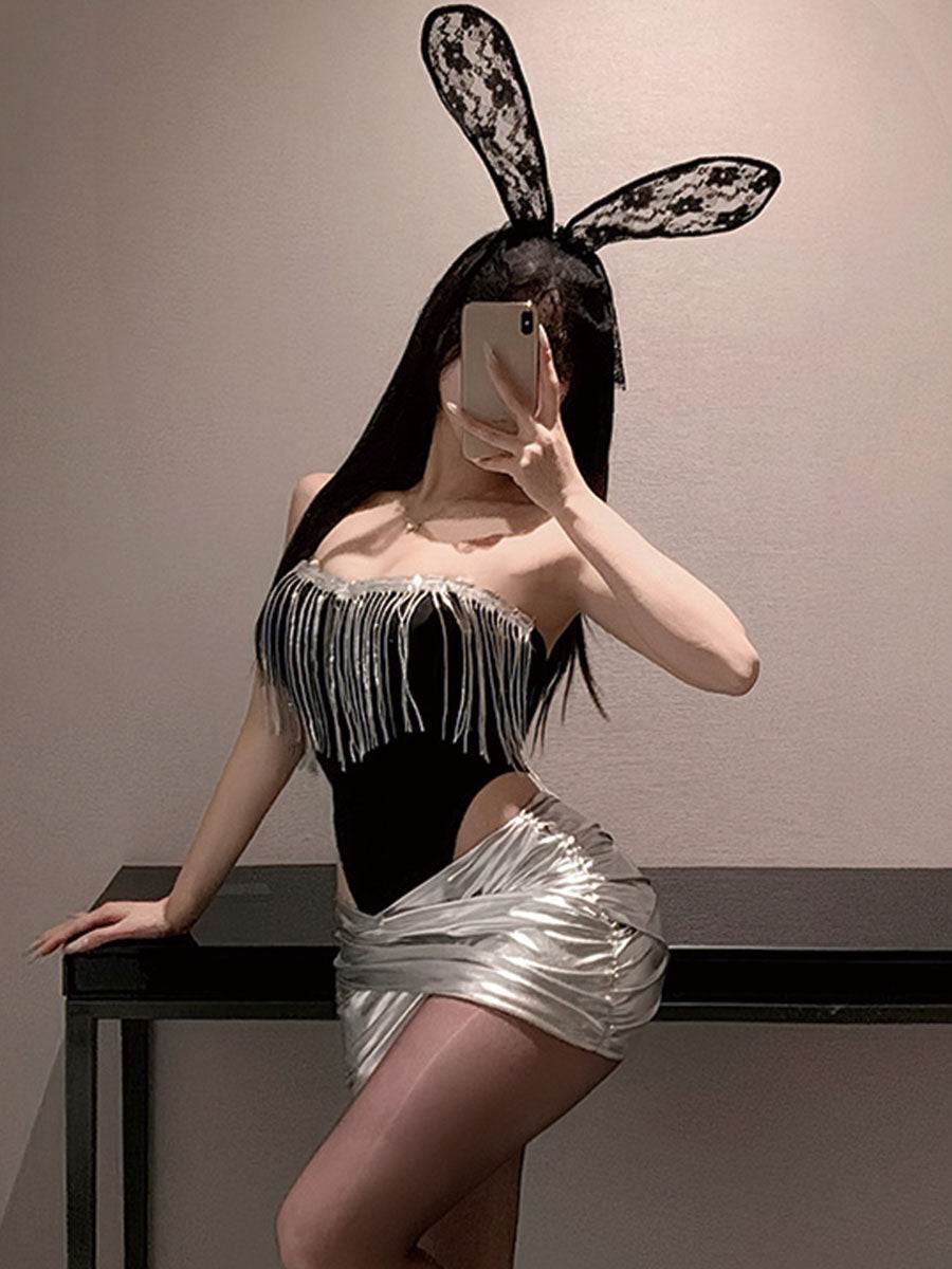 Bunny Rabbit Metallic Skirt Set - Shiny Rave Festival Lingerie blesssafe