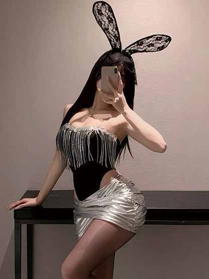 Bunny Rabbit Metallic Skirt Set - Shiny Rave Festival Lingerie blesssafe