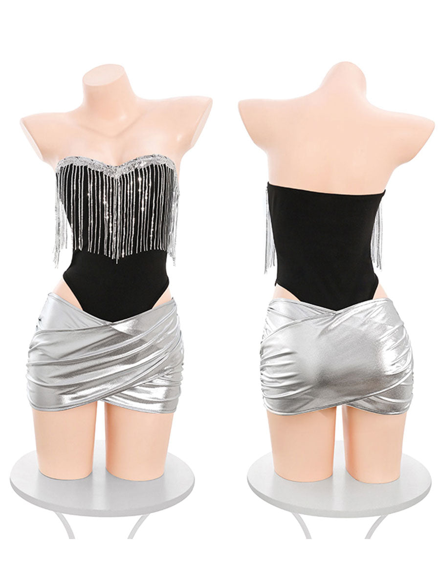 Bunny Rabbit Metallic Skirt Set - Shiny Rave Festival Lingerie blesssafe