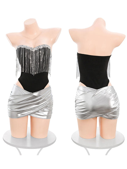 Bunny Rabbit Metallic Skirt Set - Shiny Rave Festival Lingerie blesssafe