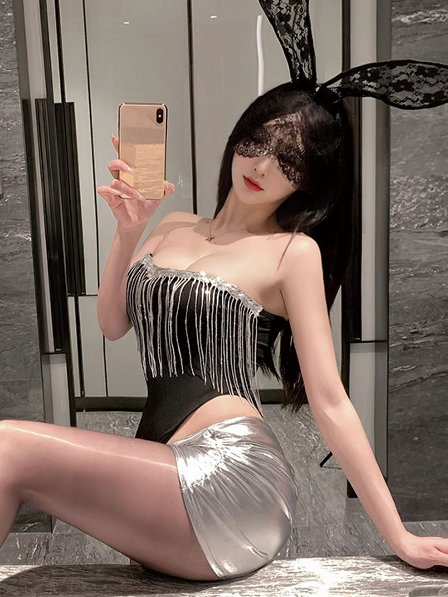 Bunny Rabbit Metallic Skirt Set - Shiny Rave Festival Lingerie blesssafe