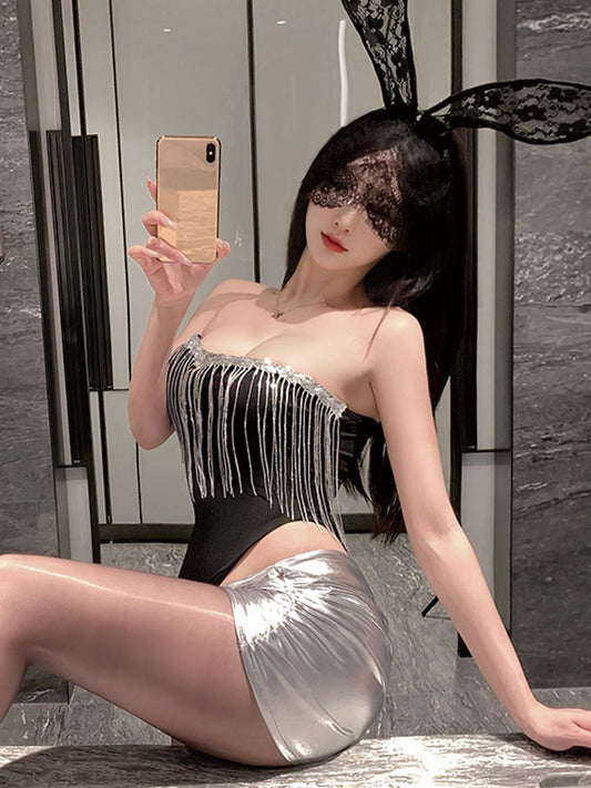 Bunny Rabbit Metallic Skirt Set - Shiny Rave Festival Lingerie blesssafe