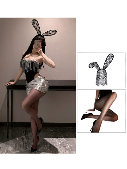 Bunny Rabbit Metallic Skirt Set - Shiny Rave Festival Lingerie blesssafe