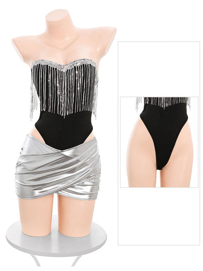 Bunny Rabbit Metallic Skirt Set - Shiny Rave Festival Lingerie blesssafe
