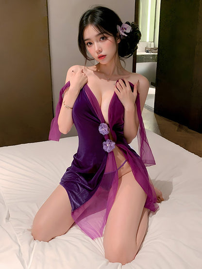 Elegant Velvet Slit Babydoll Dress - Sexy Chinese Collar Nightie Blesssafe
