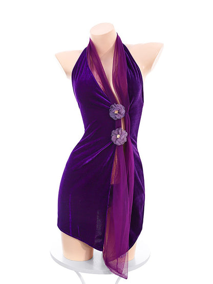Elegant Velvet Slit Babydoll Dress - Sexy Chinese Collar Nightie Blesssafe