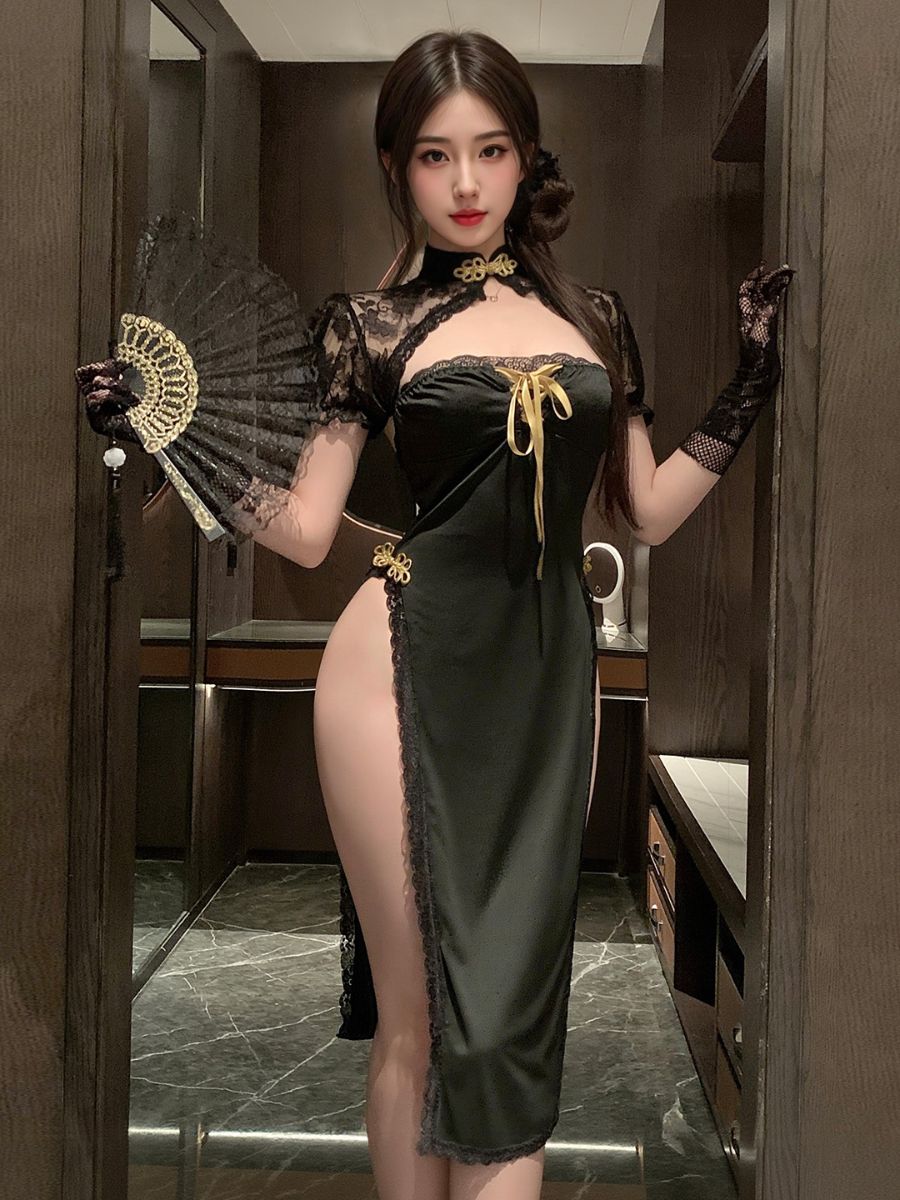 Elegant Black Lace Cheongsam Dress - Sexy Chinese Qipao Lingerie Blesssafe