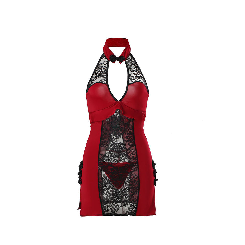 Exotic Lace Cheongsam Lingerie Halter Backless Side Slit Chinese Qipao Dress Blesssafe