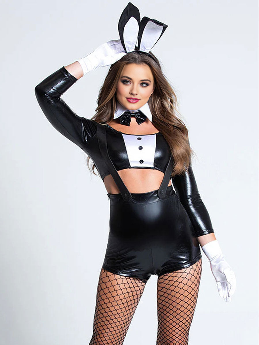Faux Leather Tuxedo Bunny Costume - Wet Look Casino Bodysuit blesssafe