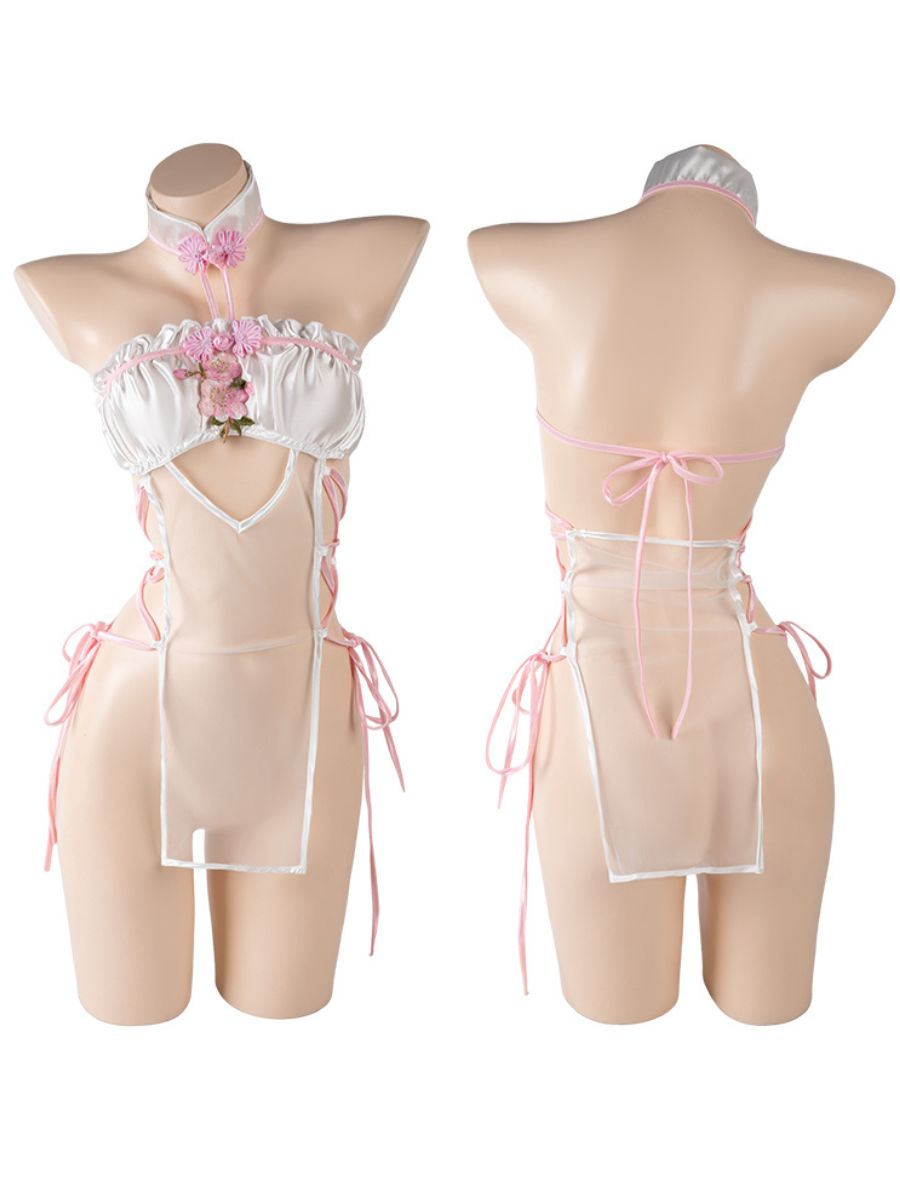Floral Applique Lace Up Cheongsam - Embroidered Chinese Teddy Blesssafe