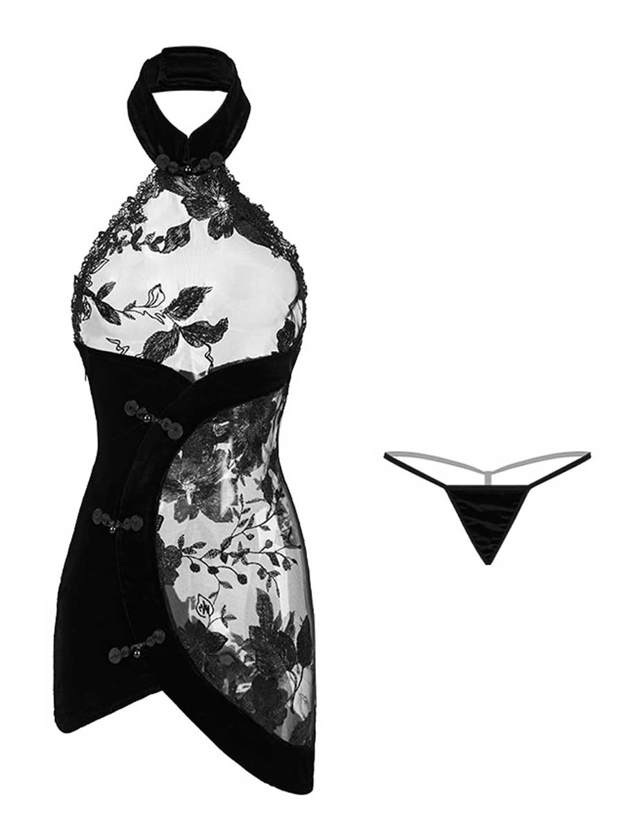 Floral Embroidery Chinese Style Lingerie Dress - Sheer Mesh Teddy Blesssafe