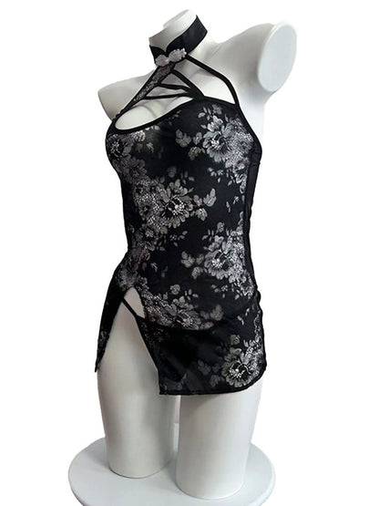 Black Floral Lace Cheongsam Lingerie - Sheer Chinese Style Teddy Blesssafe