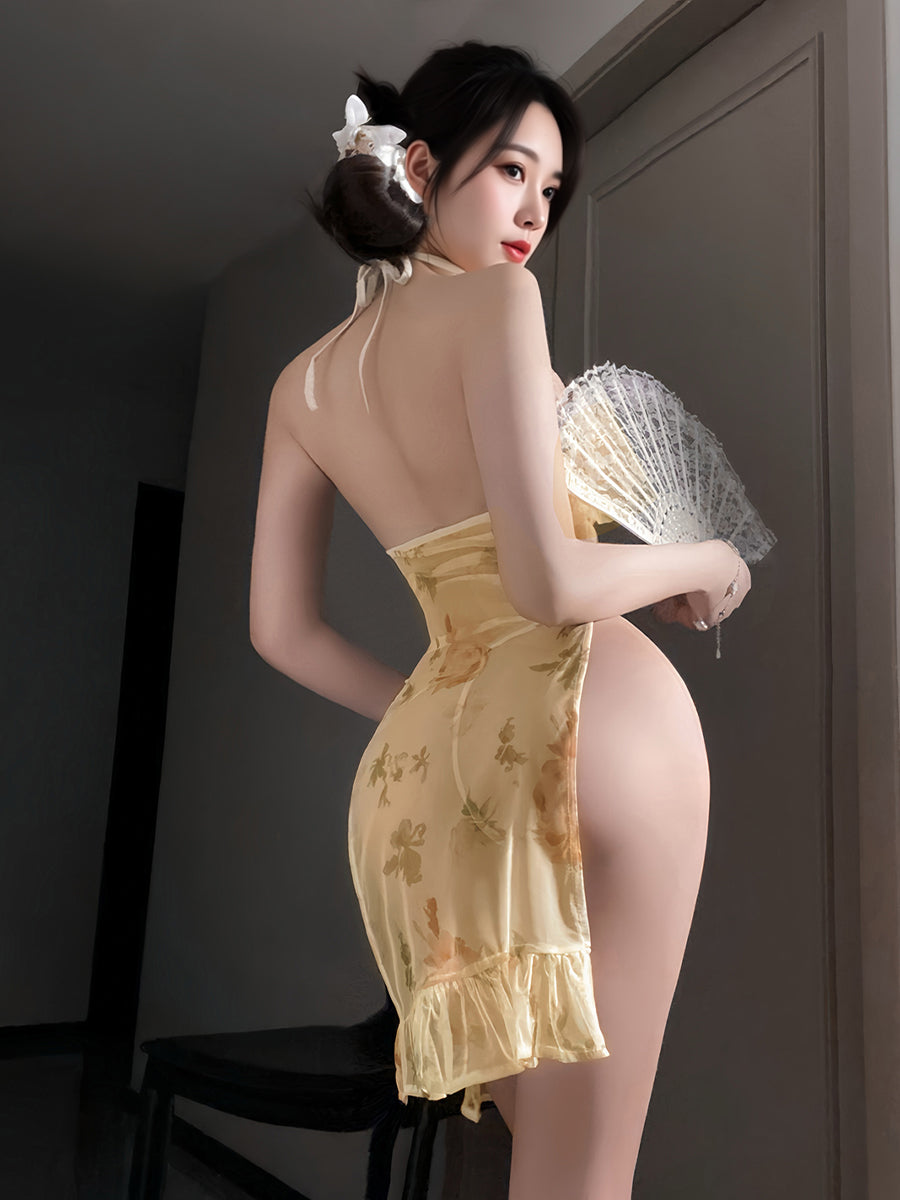 Floral Print Sheer Halter Cheongsam - Transparent Backless Outfit Blesssafe