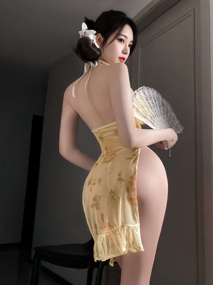 Floral Print Sheer Halter Cheongsam - Transparent Backless Outfit Blesssafe