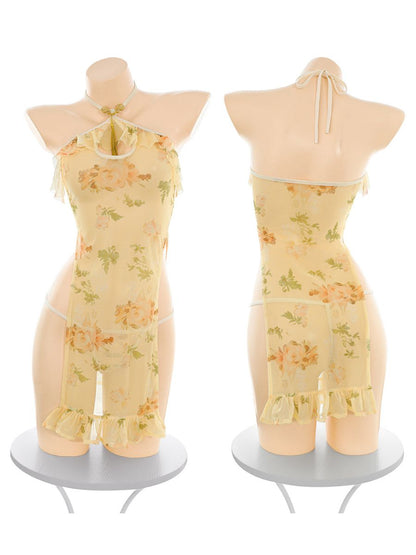 Floral Print Sheer Halter Cheongsam - Transparent Backless Outfit Blesssafe