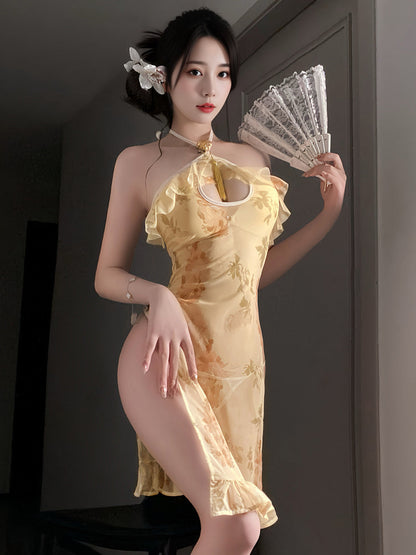 Floral Print Sheer Halter Cheongsam - Transparent Backless Outfit Blesssafe