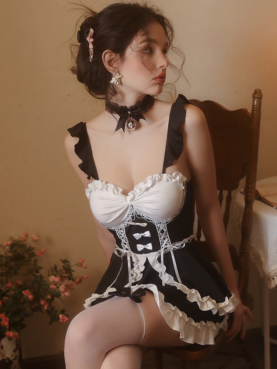 Black and White Ruffled Apron Cosplay Dress Set Blesssafe