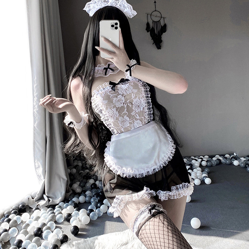 Transparent Lace French Maid Teddy Lingerie Outfit Set Blesssafe