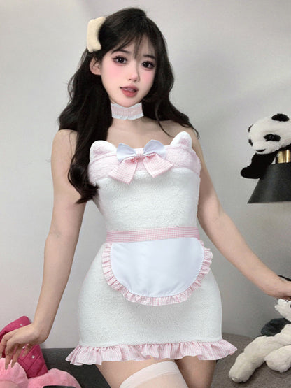 White Furry Cat Strapless Mini Dress Costume blesssafe