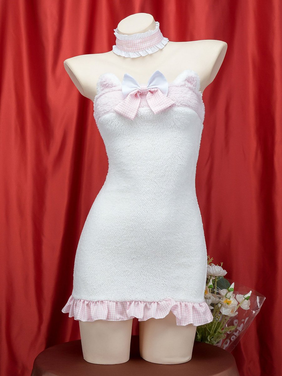 White Furry Cat Strapless Mini Dress Costume blesssafe