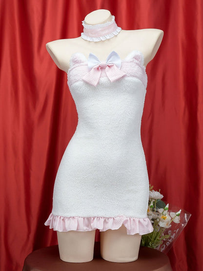 White Furry Cat Strapless Mini Dress Costume blesssafe