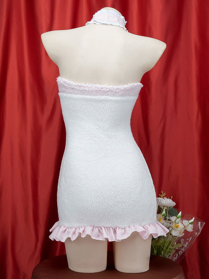 White Furry Cat Strapless Mini Dress Costume blesssafe