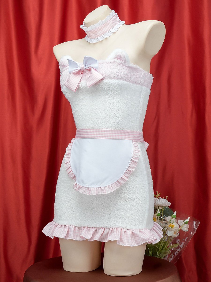 White Furry Cat Strapless Mini Dress Costume blesssafe
