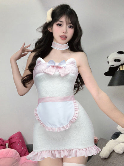 White Furry Cat Strapless Mini Dress Costume blesssafe