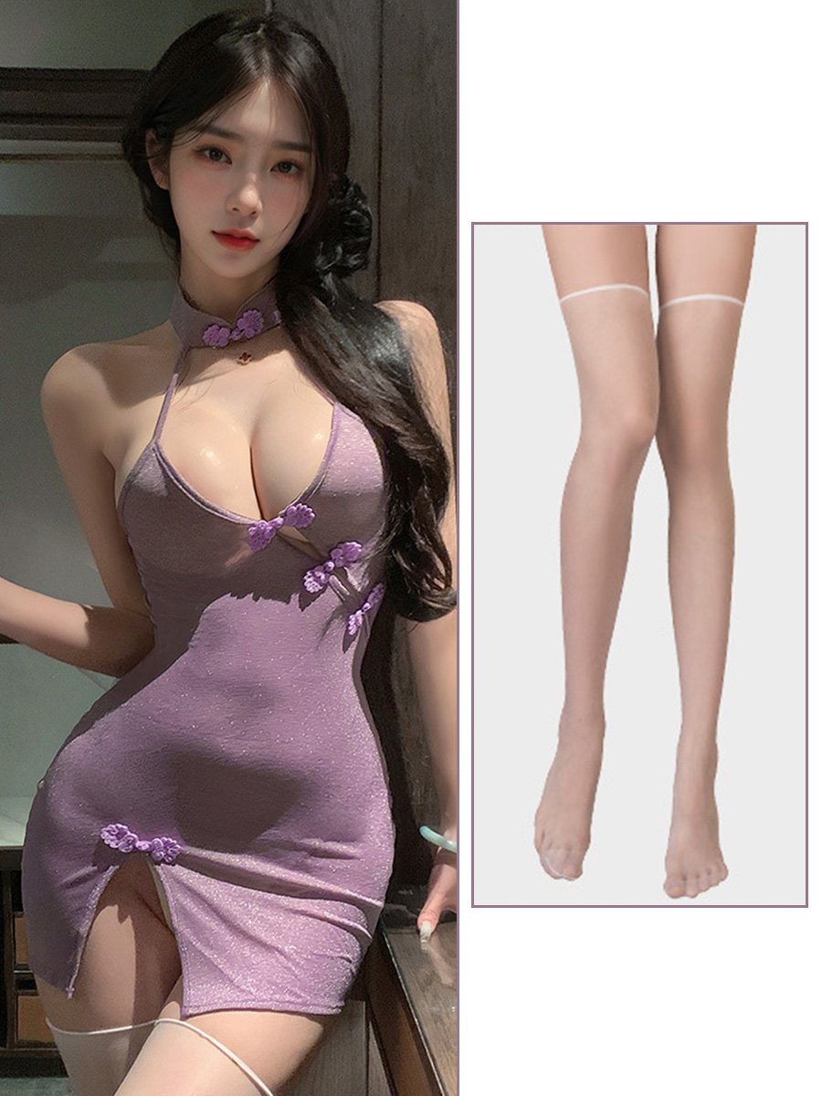 Glitter Purple Slit Cheongsam Dress - Shiny Rave Chinese Qipao Blesssafe