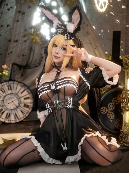 Black Lolita Bunny Cosplay Costume Sweet Gothic Lace Rabbit Set blesssafe
