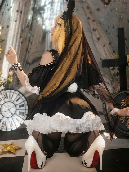 Black Lolita Bunny Cosplay Costume Sweet Gothic Lace Rabbit Set blesssafe