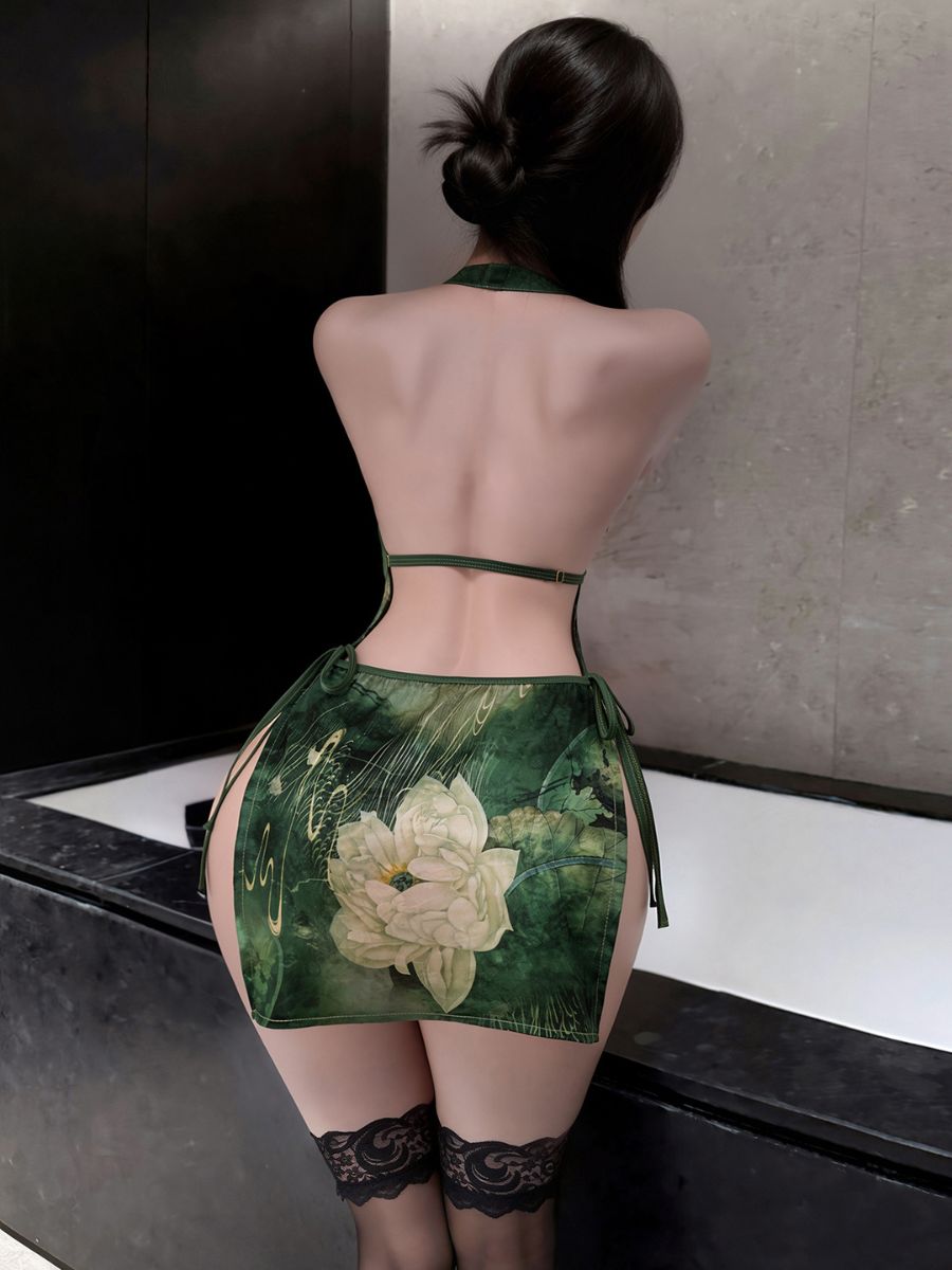 Green Lotus Backless Cheongsam Dress - Sexy Chinese Qipao Nightie Blesssafe