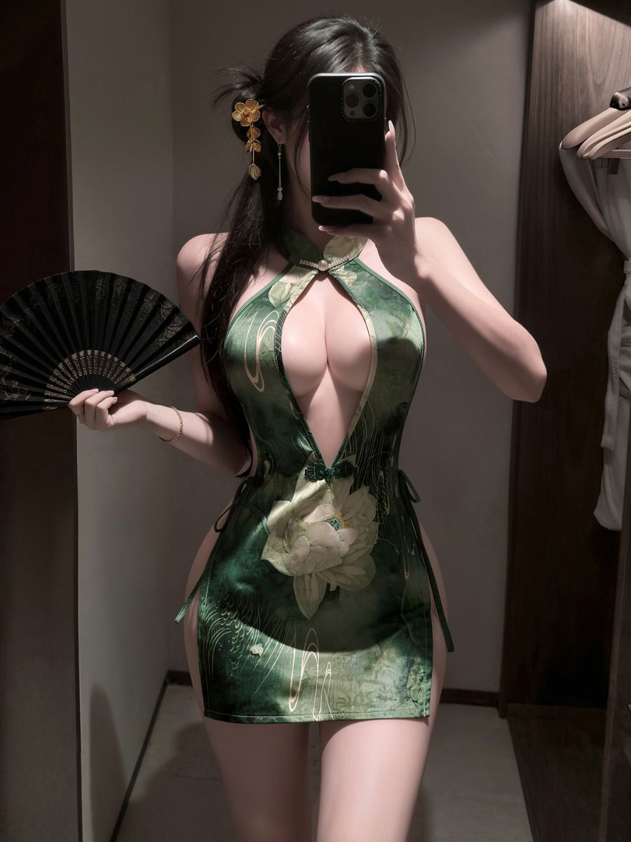 Green Lotus Backless Cheongsam Dress - Sexy Chinese Qipao Nightie Blesssafe