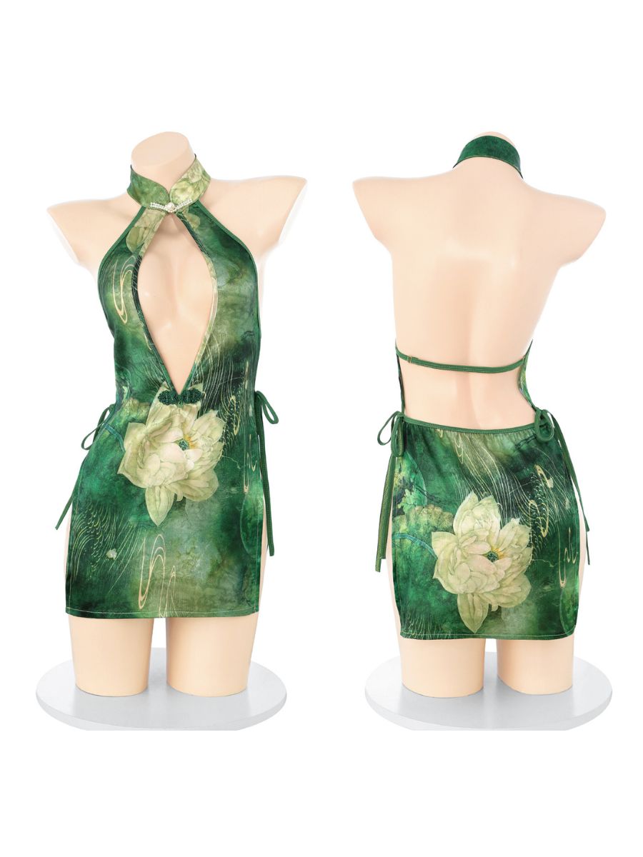 Green Lotus Backless Cheongsam Dress - Sexy Chinese Qipao Nightie Blesssafe