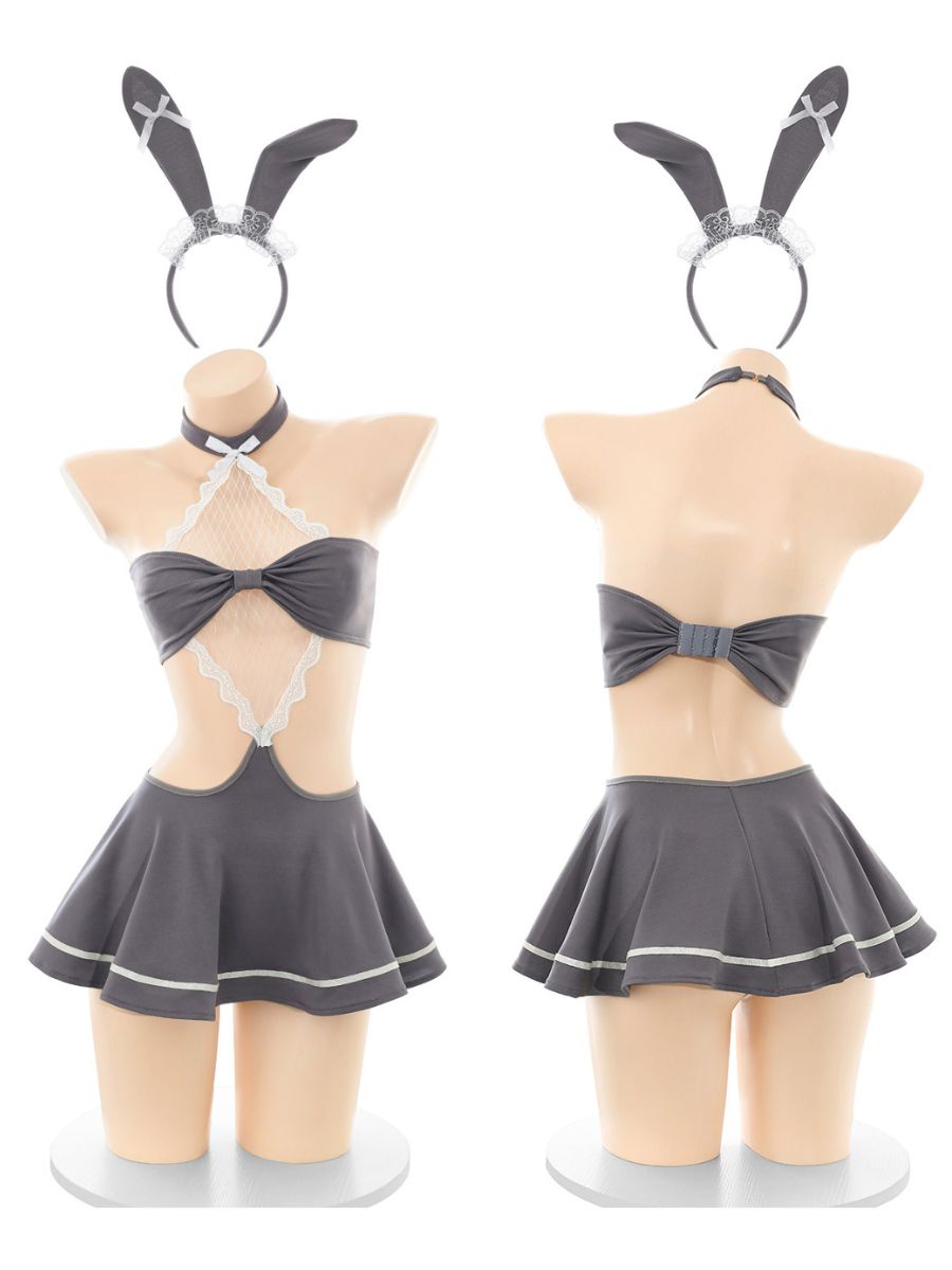 Gray Bunny Girl Cosplay Lingerie Dress - Flirty Slit Rabbit Gown blesssafe