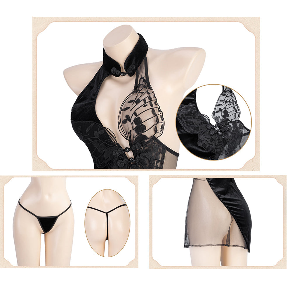 Halter Dresses for Women Sheer Mesh Butterfly Embroidery Cheongsam Lingerie Dress Blesssafe