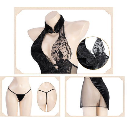 Halter Dresses for Women Sheer Mesh Butterfly Embroidery Cheongsam Lingerie Dress Blesssafe