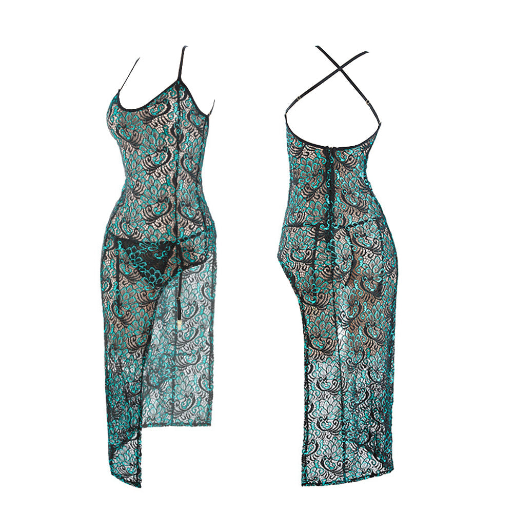Hollow Cheongsam Dress Embroidery Peacock Lace Chemise Set Chinese Qipao Dress Blesssafe