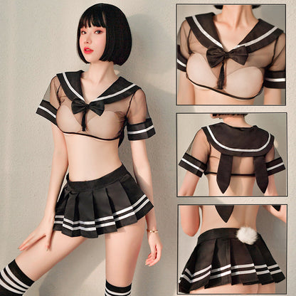 Black Mesh Crop Top and Skirt - Transparent Anime Rave Outfit Blesssafe
