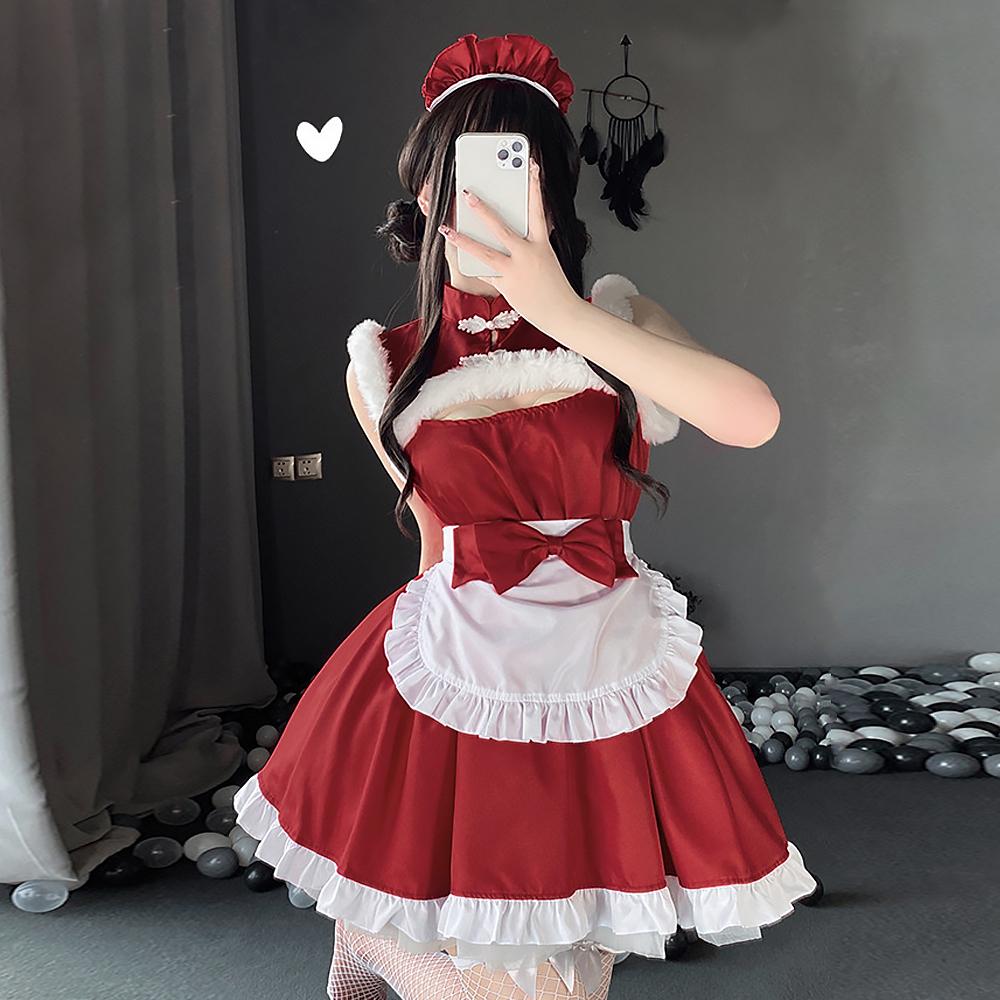 Red Sleeveless Elf Lolita Maid Cosplay Dress Set Blesssafe