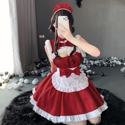 Red Sleeveless Elf Lolita Maid Cosplay Dress Set Blesssafe