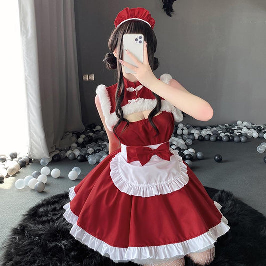 Red Sleeveless Elf Lolita Maid Cosplay Dress Set Blesssafe