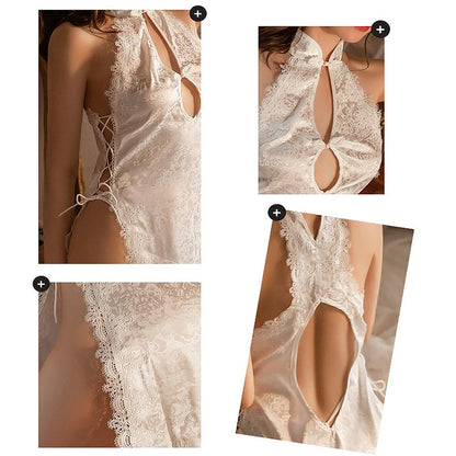 Vintage Chinese Cheongsam Sexy Lace Up Side Slit Backless Lingerie Dress Tradition Qipao Blesssafe