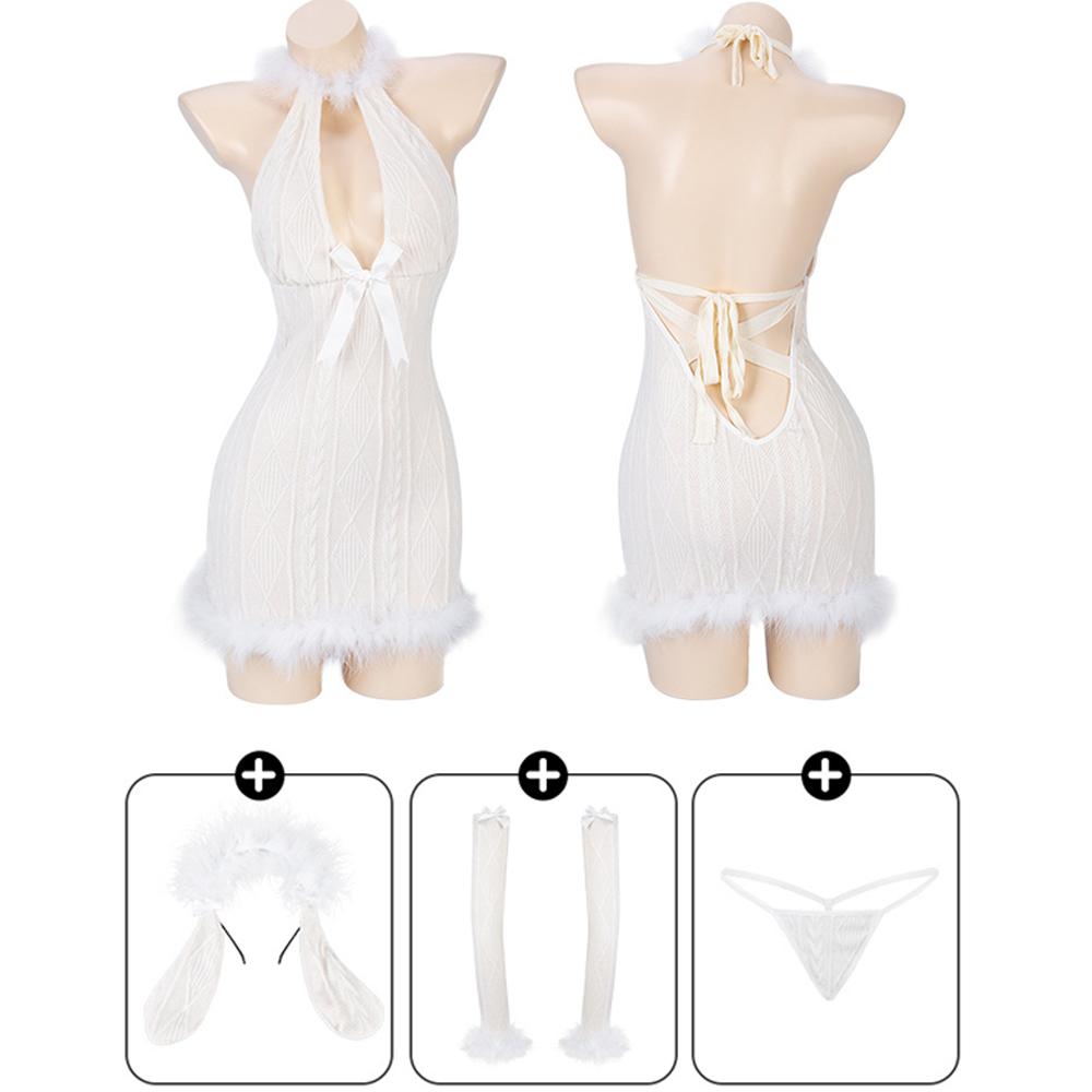 Furry Bodycon Lingerie Dress with Bunny Ear Halter V Neck Backless Sweater Dress blesssafe