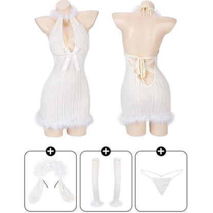 Furry Bodycon Lingerie Dress with Bunny Ear Halter V Neck Backless Sweater Dress blesssafe