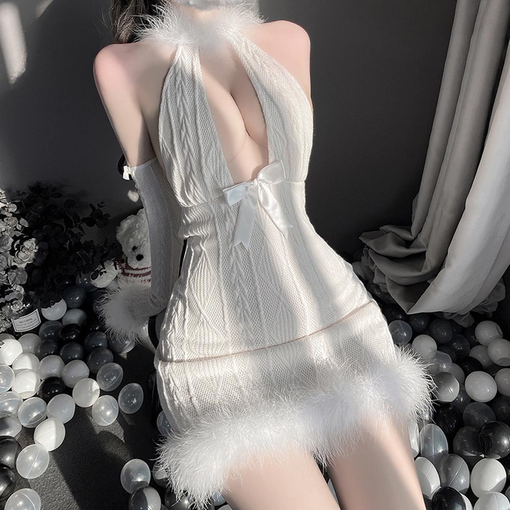 Furry Bodycon Lingerie Dress with Bunny Ear Halter V Neck Backless Sweater Dress blesssafe