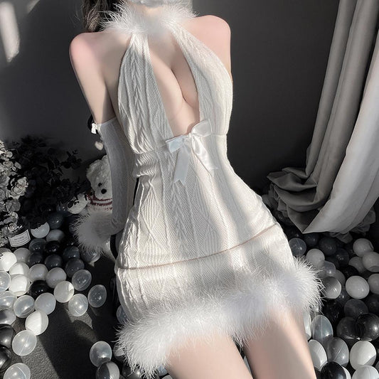 Furry Bodycon Lingerie Dress with Bunny Ear Halter V Neck Backless Sweater Dress blesssafe